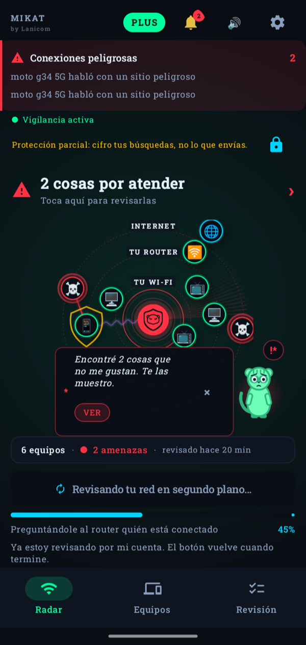 Radar de Mikat en Android con un aviso de conexiones peligrosas